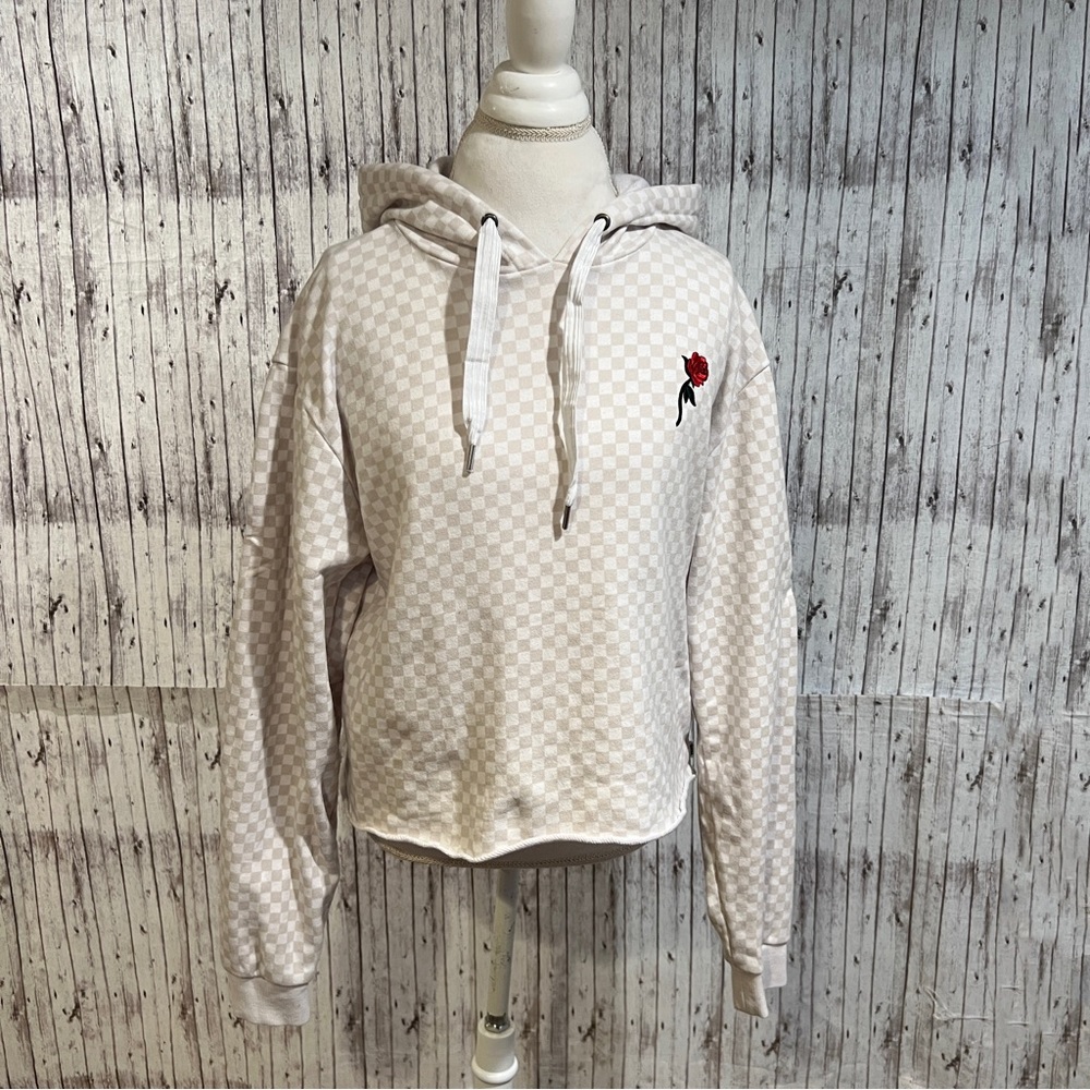 Vans White Checkered Hoodie with Red Rose